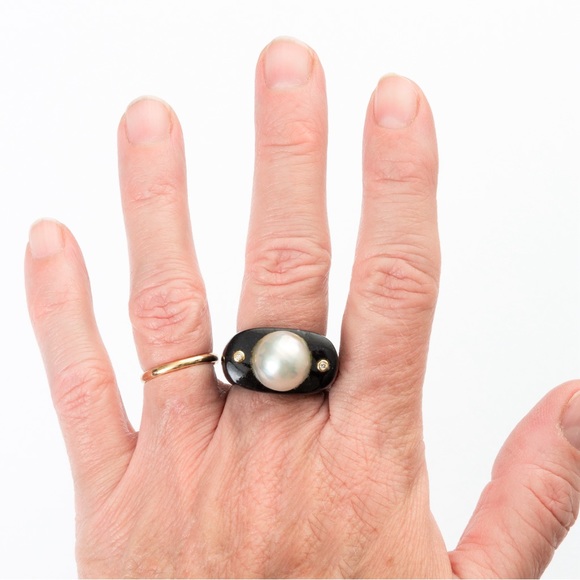 Pearl ring black agate 14K gold diamond accents chunky statement ring luxury 8 - Picture 2 of 16